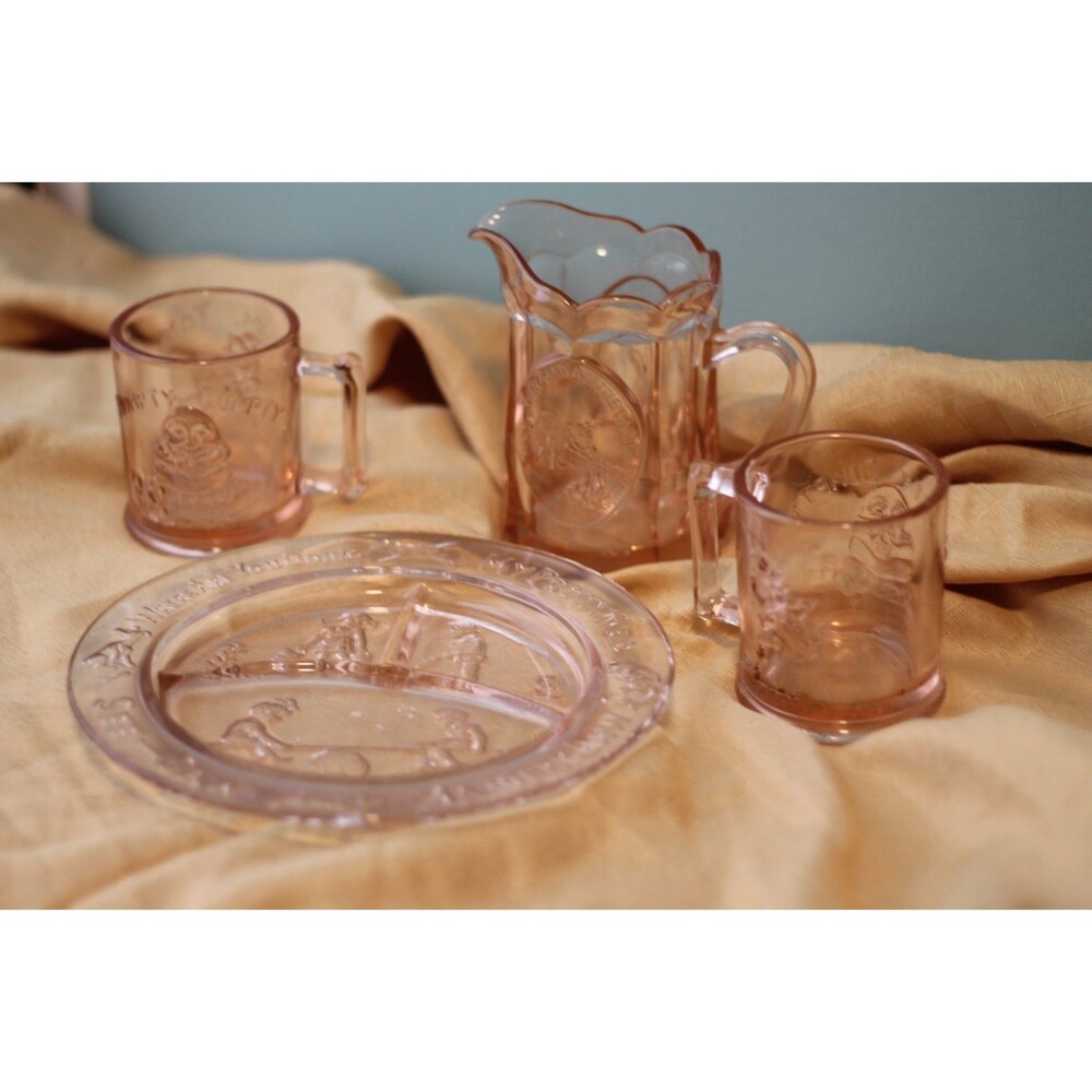 Tiara Nursery Rhyme Pink Set o\f Divided Plate, 2 Mugs, Pitcher